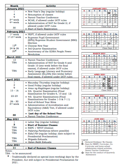 DepEd School Calendar and Activities for SY 2020-2021