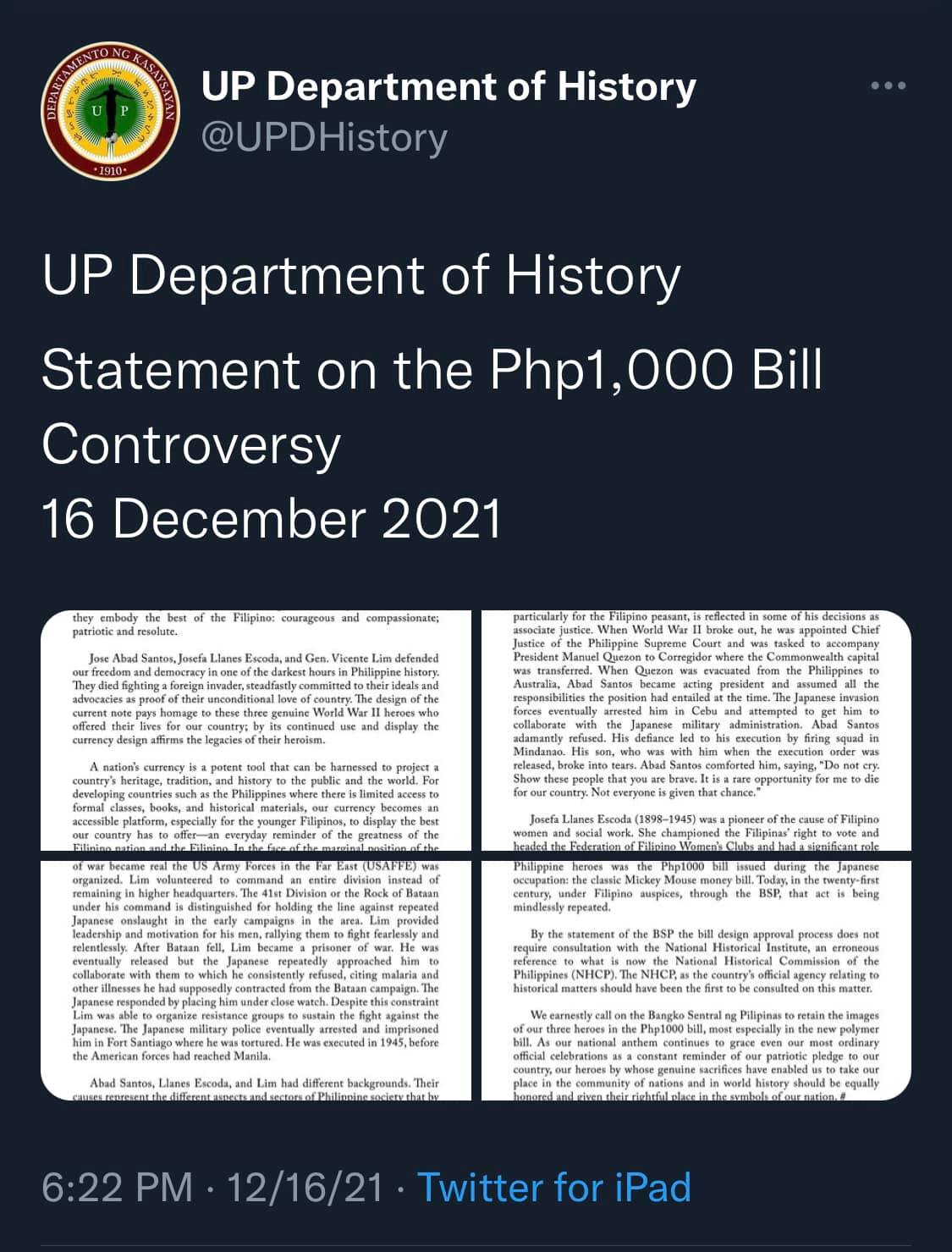 UP Department of History dismayed over BSP P1,000 Bill Redesign