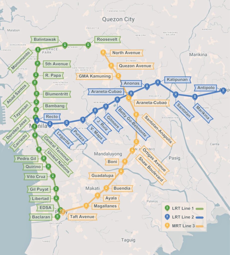 map of lrt line 1-2 and mrt 3 stations